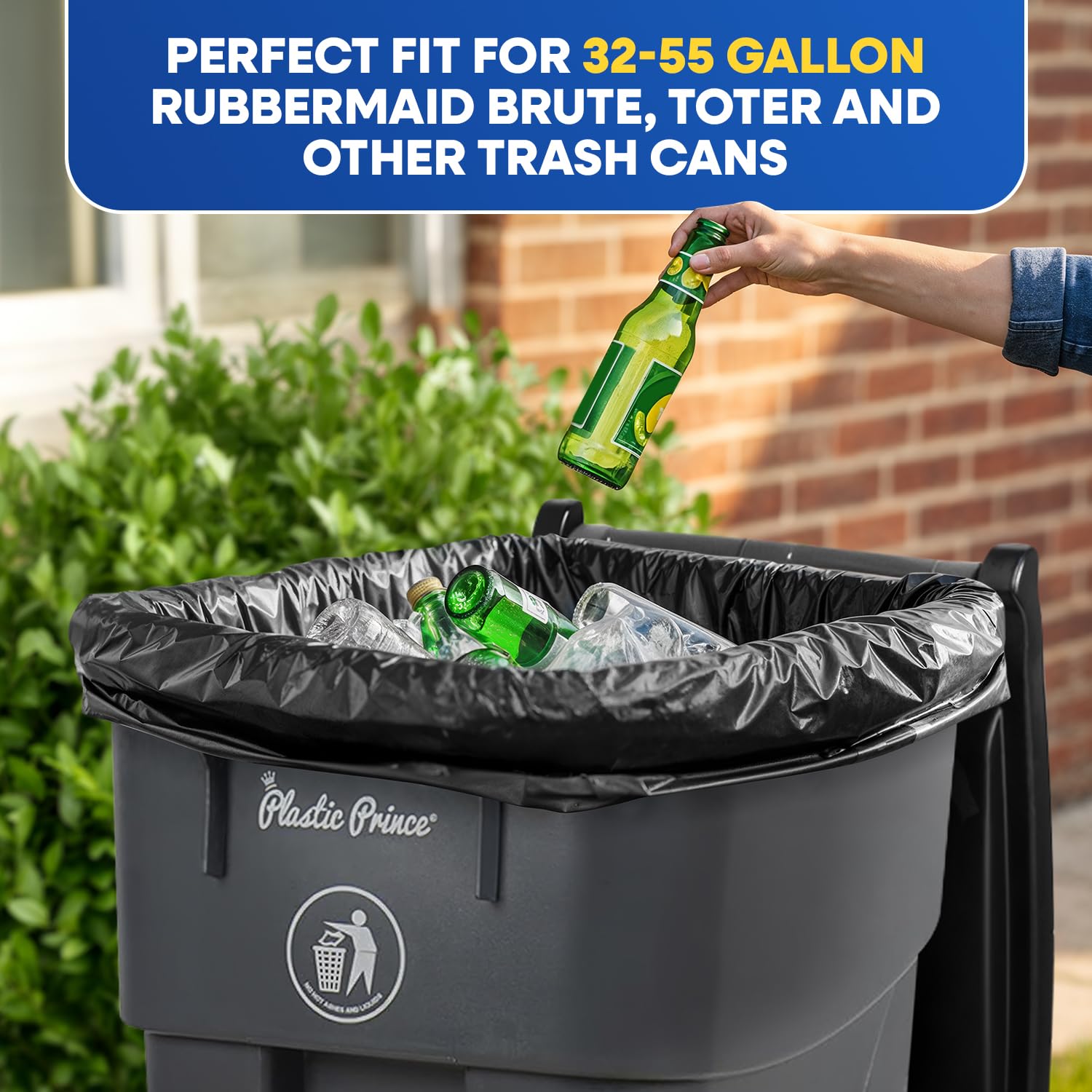 Plastic Prince 55-60 Gallon Trash Bags 2 Mil Heavy Duty Fits Rubbermaid Brute Round Square 32-55 gal Trash Cans 43" x 47" Large Durable Garbage Trash Can Liners, Black 50 of Pack