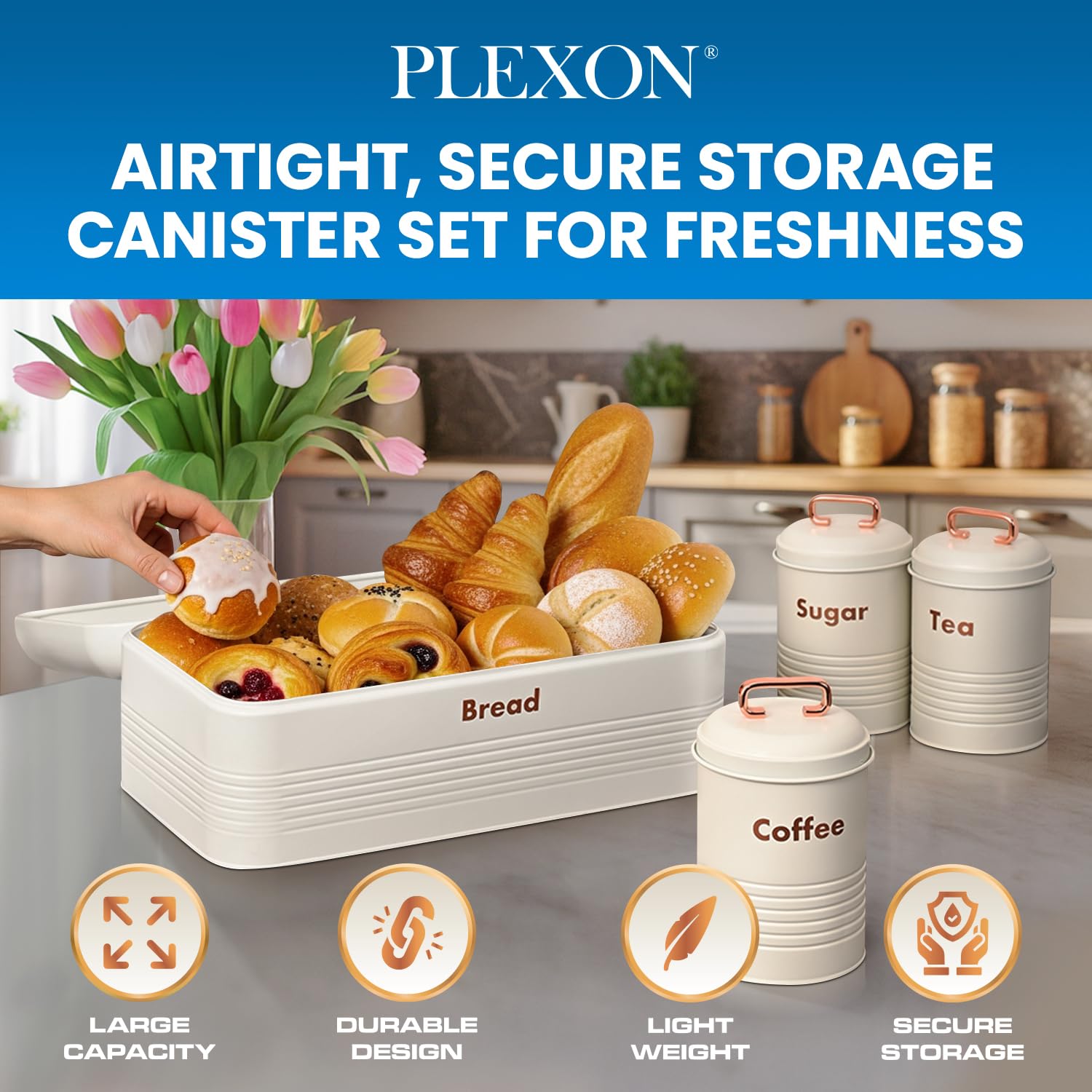 plexon metal bread box with tea coffee sugar container set off-white bread box for kitchen countertop with canister sets of 4