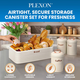 plexon metal bread box with tea coffee sugar container set off-white bread box for kitchen countertop with canister sets of 4