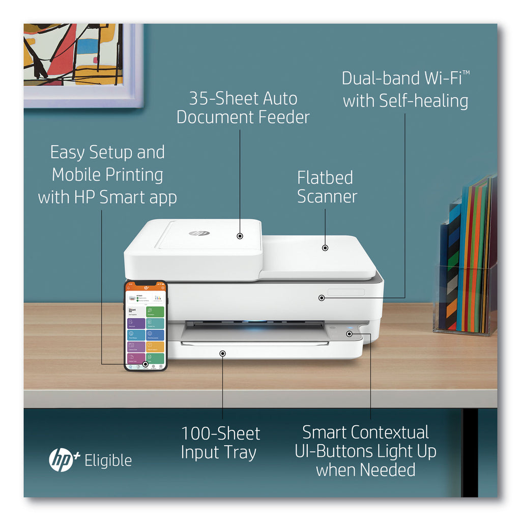 HP Envy 6455e Wireless Inkjet Multifunction Printer - Color - White - Copier/Mobile Fax/Printer/Scanner - 1200 x 1200 dpi Print - Automatic Duplex Print - Up to 1000 Pages Monthly - 100 sheets Input - Color Flatbed Scanner - 1200 dpi Optical Scan - C - 6