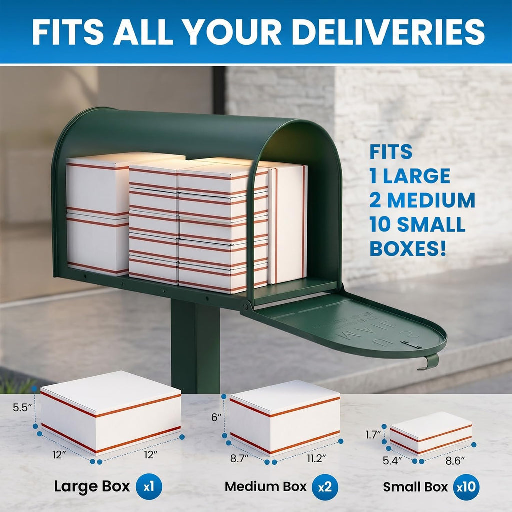 Plexon Jumbo Size Rural Mailbox, 3175 cu-in Capacity, Galvanized Steel, Powder-Coated, 15 in. H x 11.69 in. W x 24.82 in. L (Green, Extra Large)