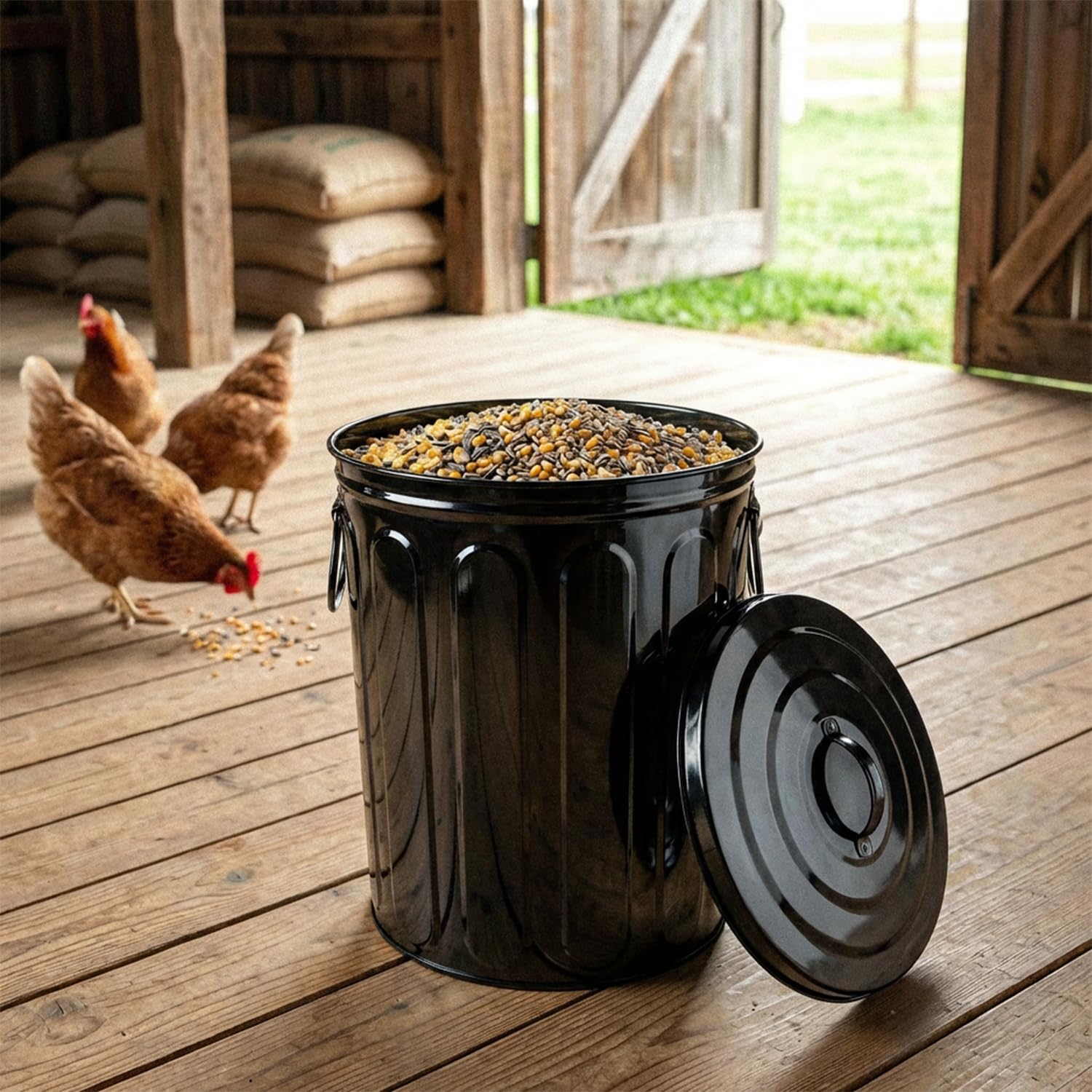 Plexon 5 Gallon Small Metal Trash Can with Lid Outdoor Galvanized Steel Bucket with Lid 5 Gal Storage Can for Dog Food Bird Seed Storage Container Rodent Pet Proof, Black