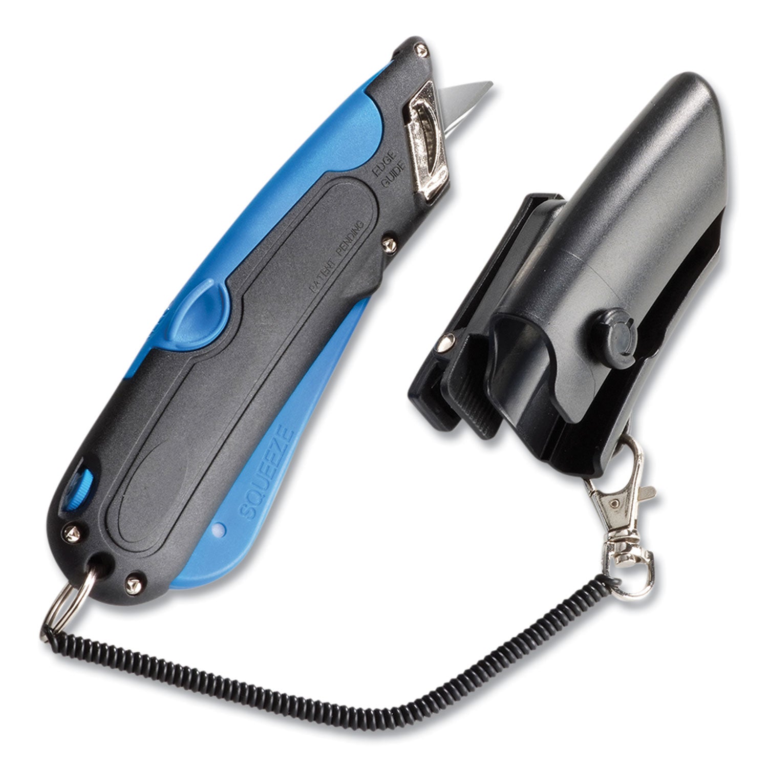 Easycut Self-Retracting Cutter with Safety-Tip Blade, Holster and Lanyard, 6" Plastic Handle, Black/Blue - 