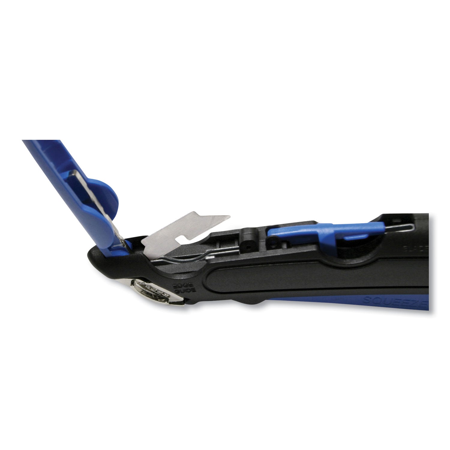 Easycut Self-Retracting Cutter with Safety-Tip Blade, Holster and Lanyard, 6" Plastic Handle, Black/Blue - 