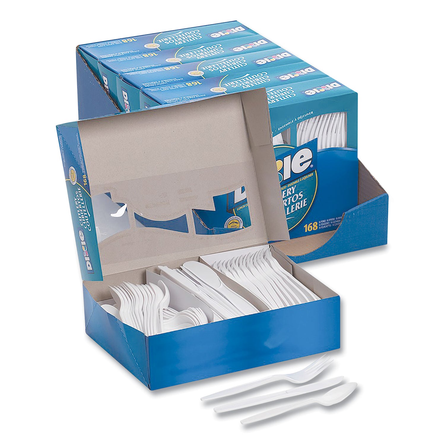 Combo Pack, Tray with White Plastic Utensils, 56 Forks, 56 Knives, 56 Spoons - 