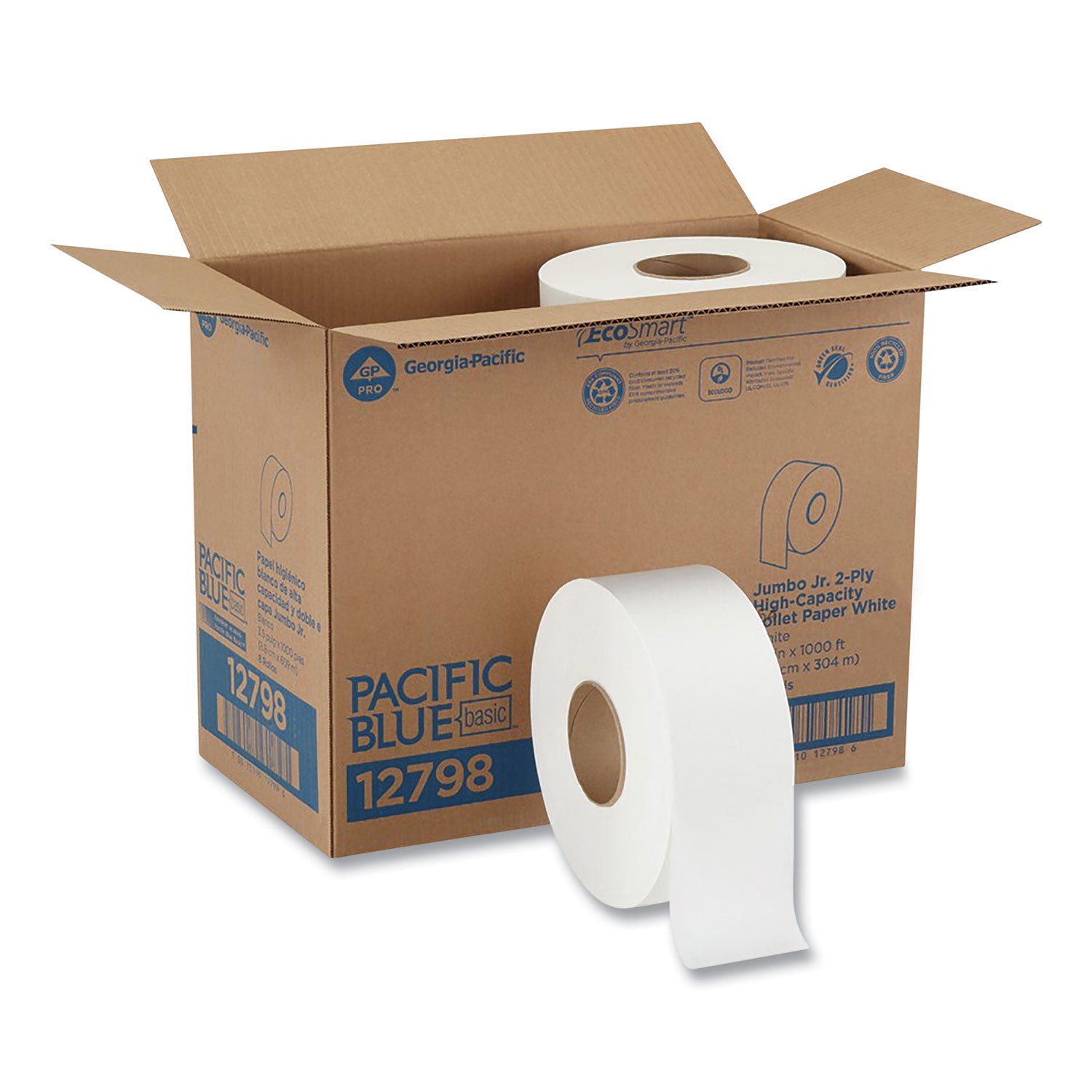 Jumbo Jr. Bathroom Tissue Roll, Septic Safe, 2-Ply, White, 3.5" x 1,000 ft, 8 Rolls/Carton - 