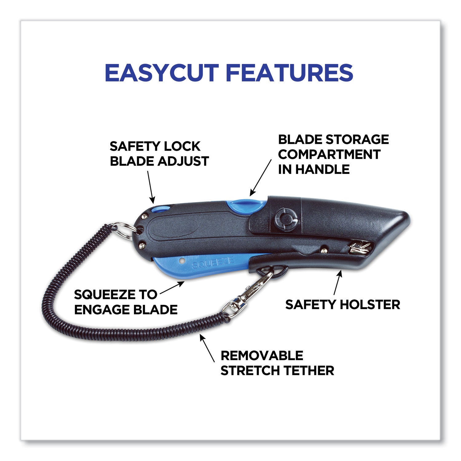 Easycut Self-Retracting Cutter with Safety-Tip Blade, Holster and Lanyard, 6" Plastic Handle, Black/Blue - 