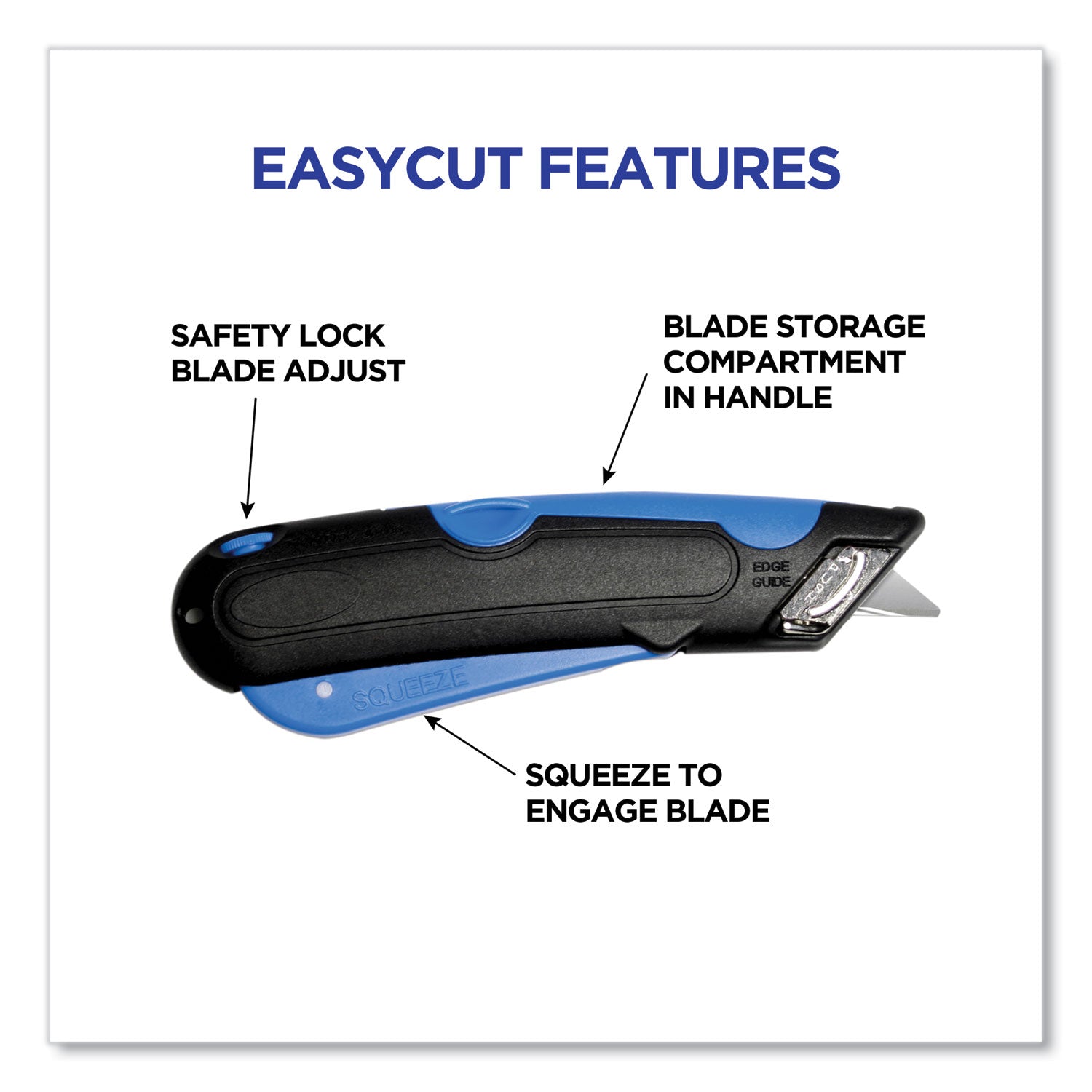 Easycut Cutter Knife w/Self-Retracting Safety-Tipped Blade, 6" Plastic Handle, Black/Blue - 