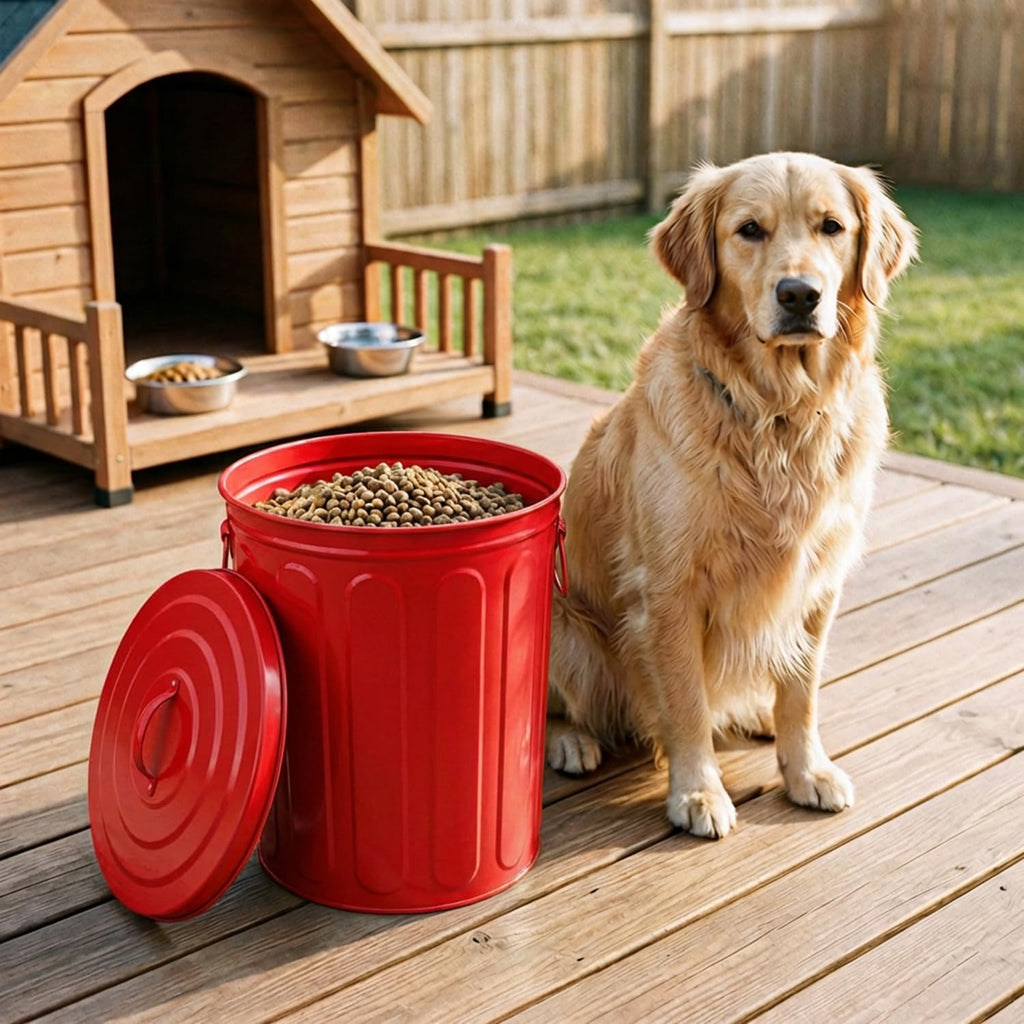 Plexon 5 Gallon Small Metal Trash Can with Lid Outdoor Galvanized Steel Bucket with Lid 5 Gal Storage Can for Dog Food Bird Seed Storage Container Rodent Pet Proof, Red