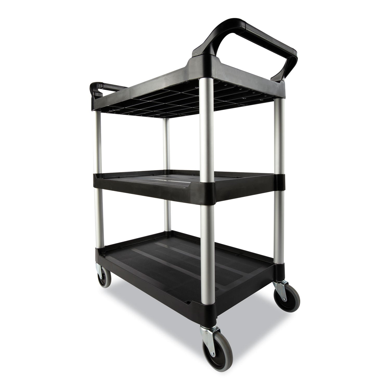 Xtra Utility Cart with Open Sides, Plastic, 3 Shelves, 300 lb Capacity, 40.63" x 20" x 37.81", Black - 