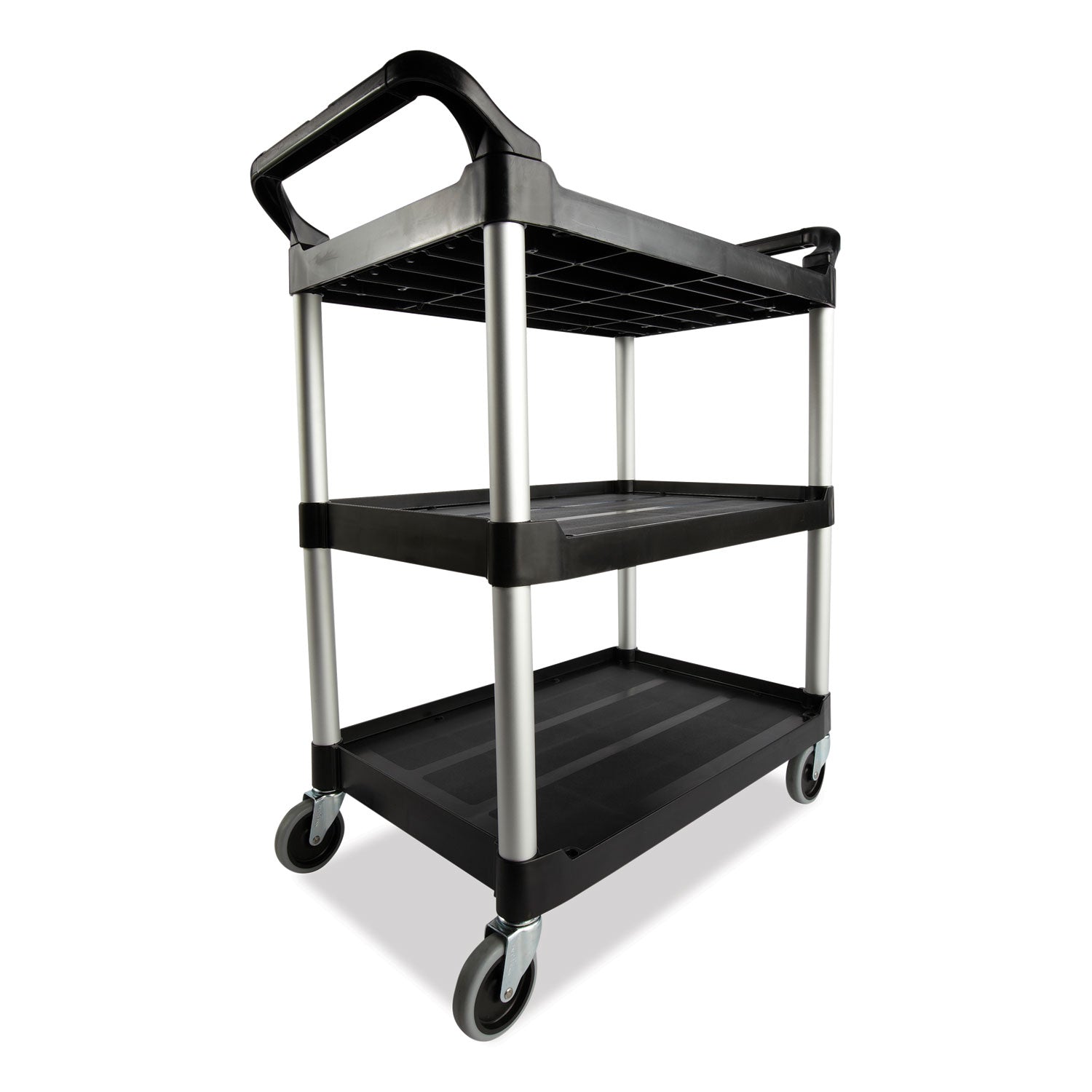 Xtra Utility Cart with Open Sides, Plastic, 3 Shelves, 300 lb Capacity, 40.63" x 20" x 37.81", Black - 