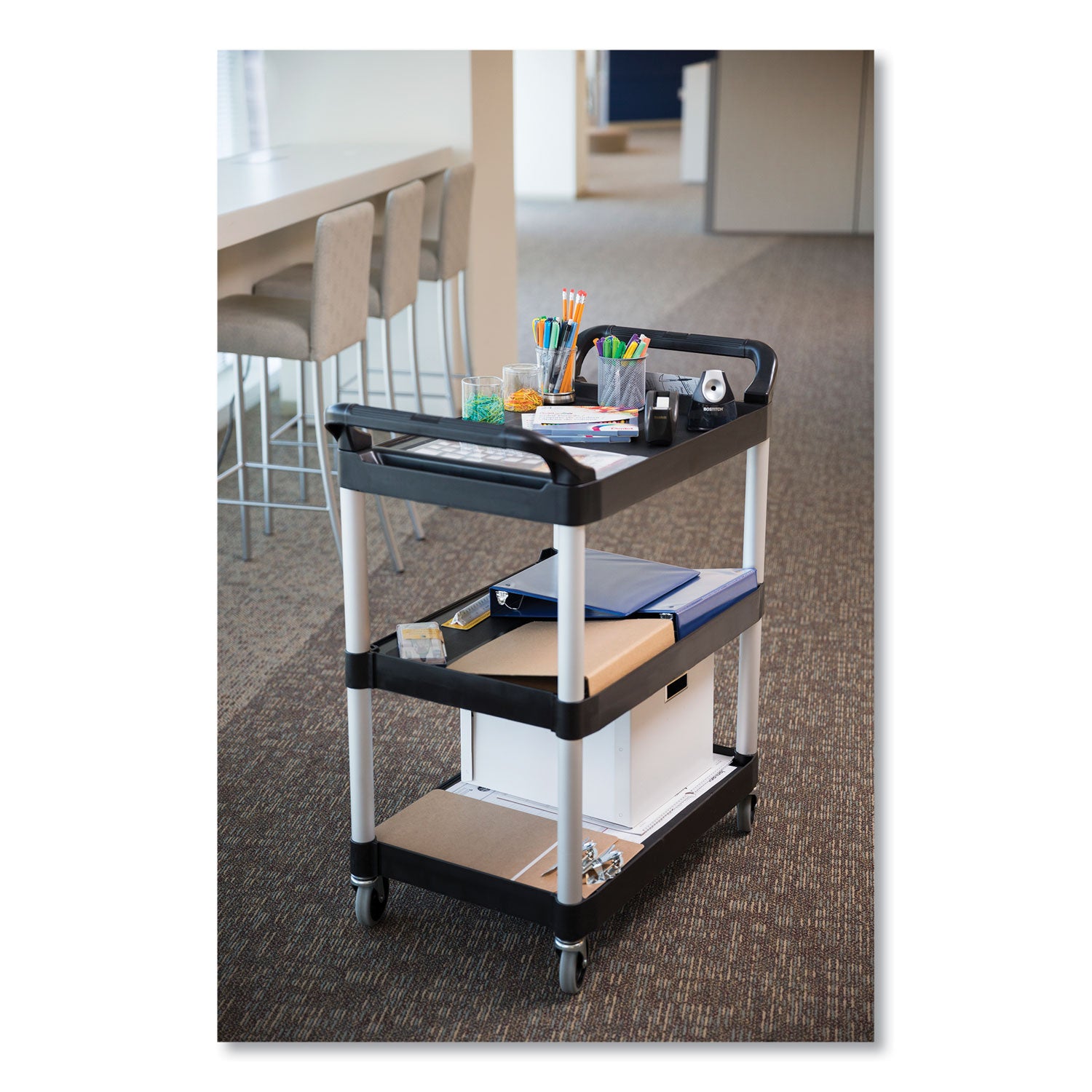 Xtra Utility Cart with Open Sides, Plastic, 3 Shelves, 300 lb Capacity, 40.63" x 20" x 37.81", Black - 