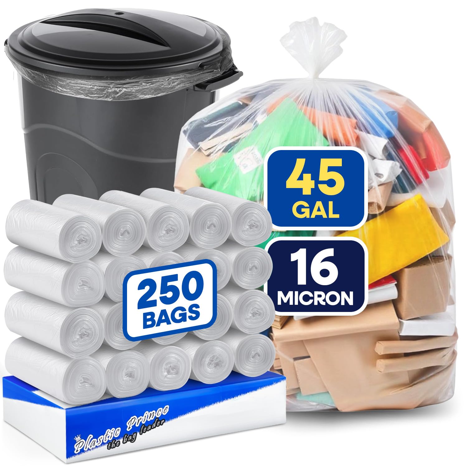 40in x 48in, 45 Gallon, 16 Mic, Clear High-Density Can Liners, 250/Case