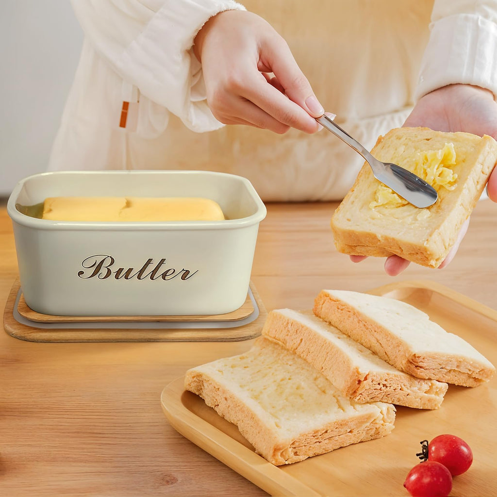 Off-White Metal Butter Dish with Wooden Lid