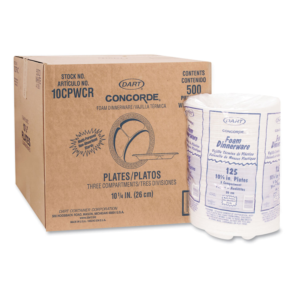 Concorde Foam Plate, 3-Compartment, 10.25" dia, White, 125/Pack, 4 Packs/Carton