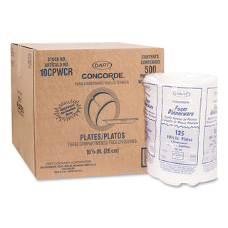 Concorde Foam Plate, 3-Compartment, 10.25" dia, White, 125/Pack, 4 Packs/Carton
