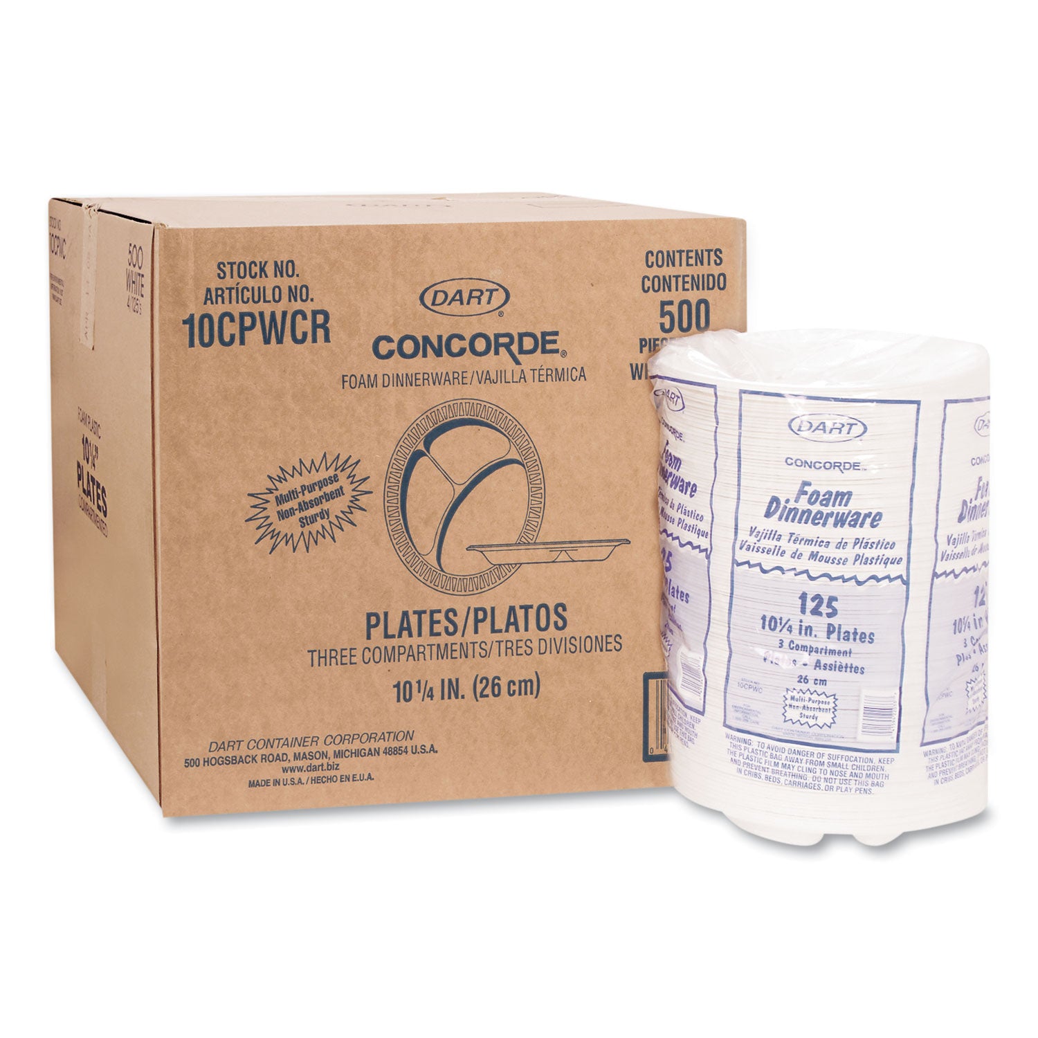 Concorde Foam Plate, 3-Compartment, 10.25" dia, White, 125/Pack, 4 Packs/Carton