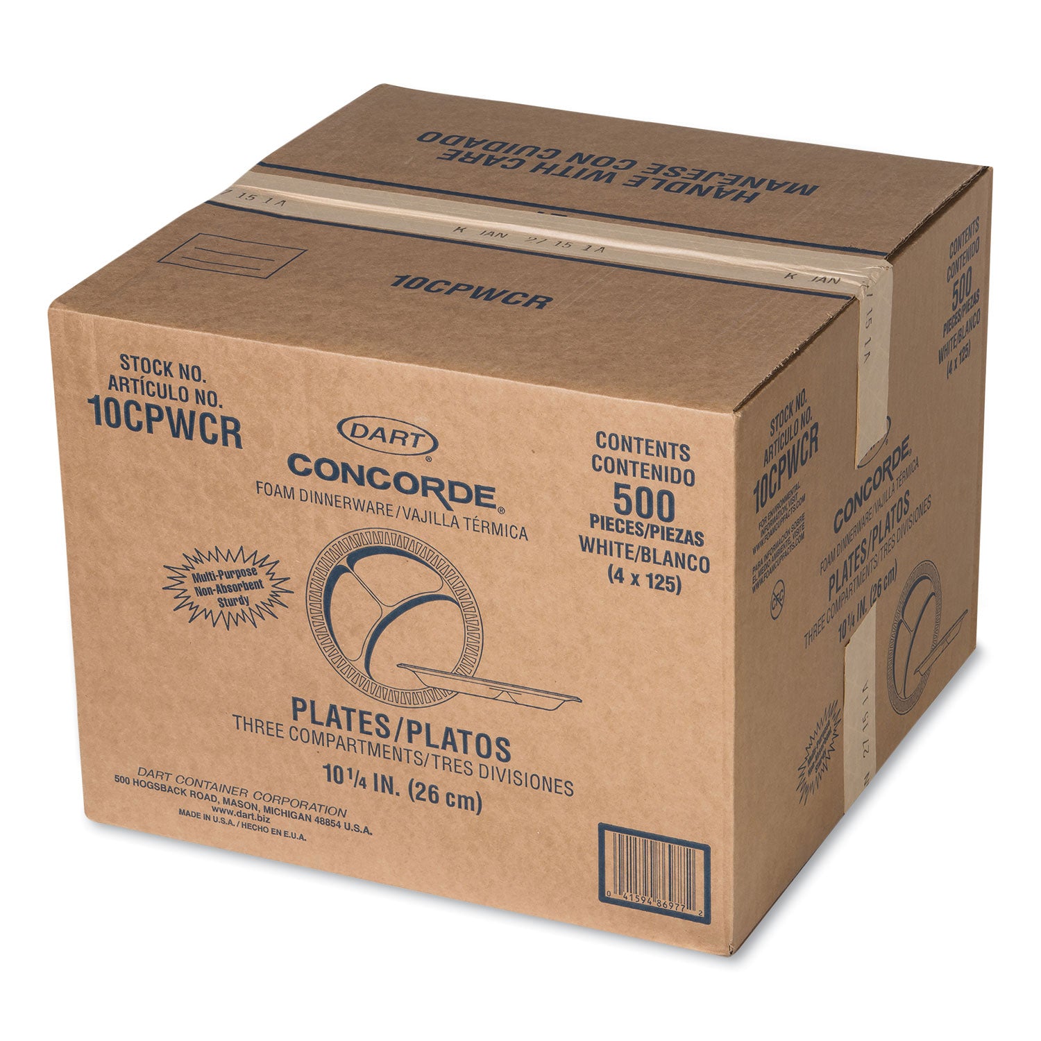 Concorde Foam Plate, 3-Compartment, 10.25" dia, White, 125/Pack, 4 Packs/Carton