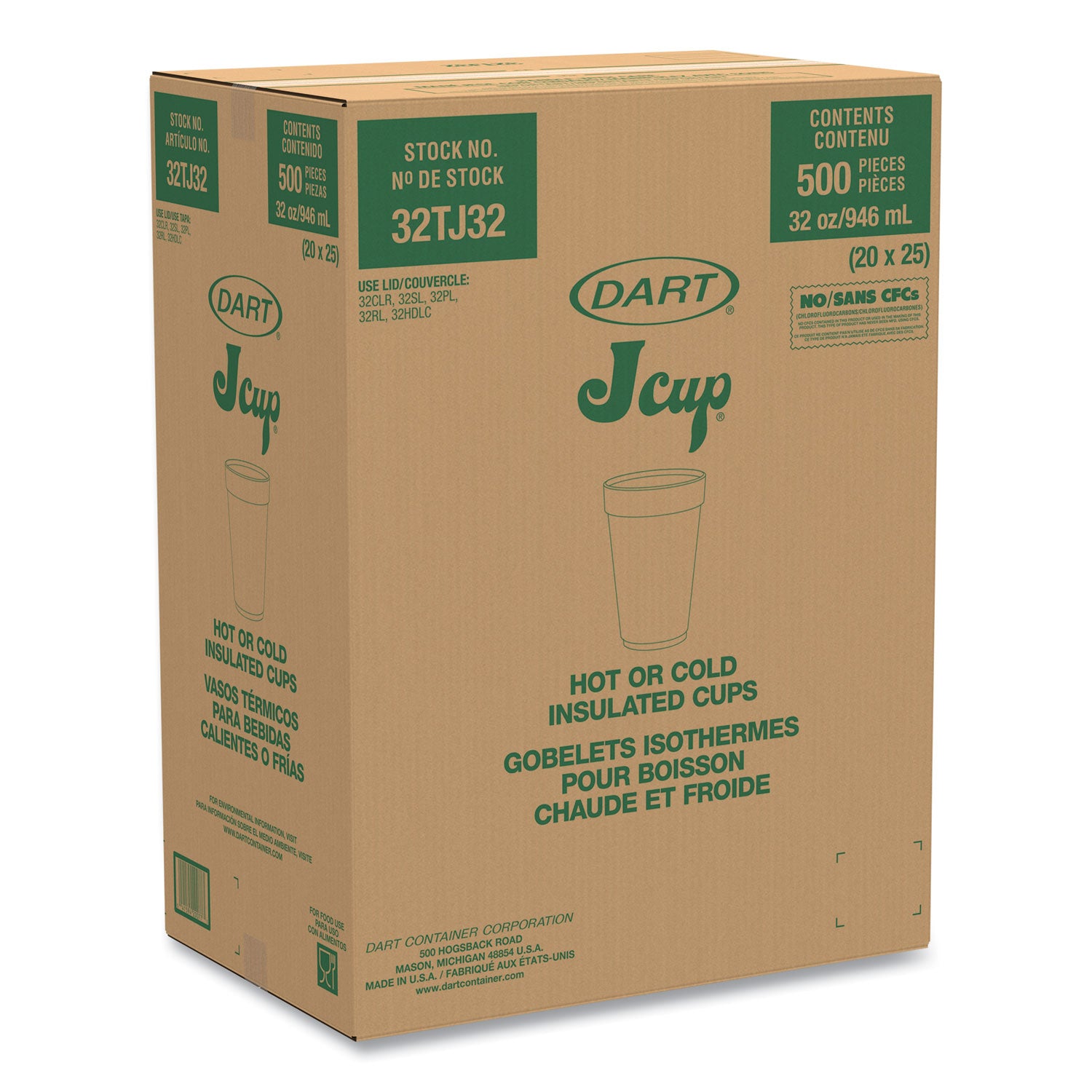 Foam Drink Cups, 32 oz, White, 25/Bag, 20 Bags/Carton