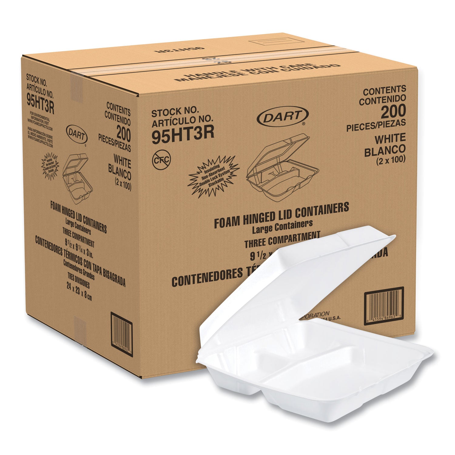 Foam Hinged Lid Containers, 3-Compartment, 9.25 x 9.5 x 3, White, 200/Carton - 