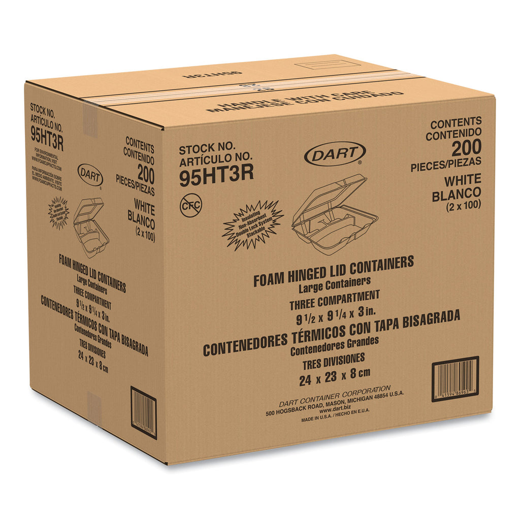 Foam Hinged Lid Containers, 3-Compartment, 9.25 x 9.5 x 3, White, 200/Carton
