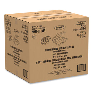 Foam Hinged Lid Containers, 3-Compartment, 9.25 x 9.5 x 3, White, 200/Carton