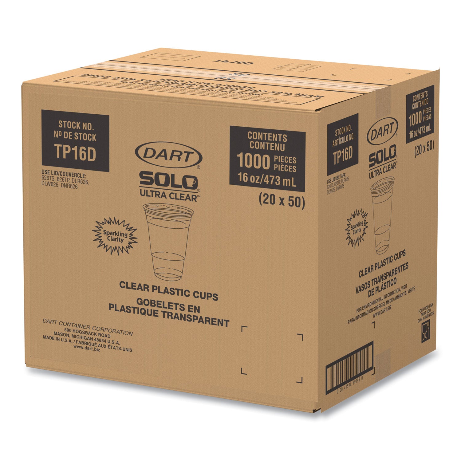Ultra Clear PET Cups, 16 oz, Squat, 50/Bag, 20 Bags/Carton