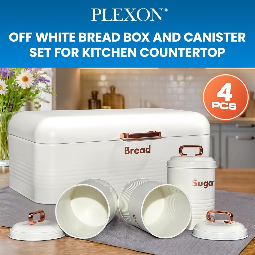 plexon metal bread box with tea coffee sugar container set off-white bread box for kitchen countertop with canister sets of 4