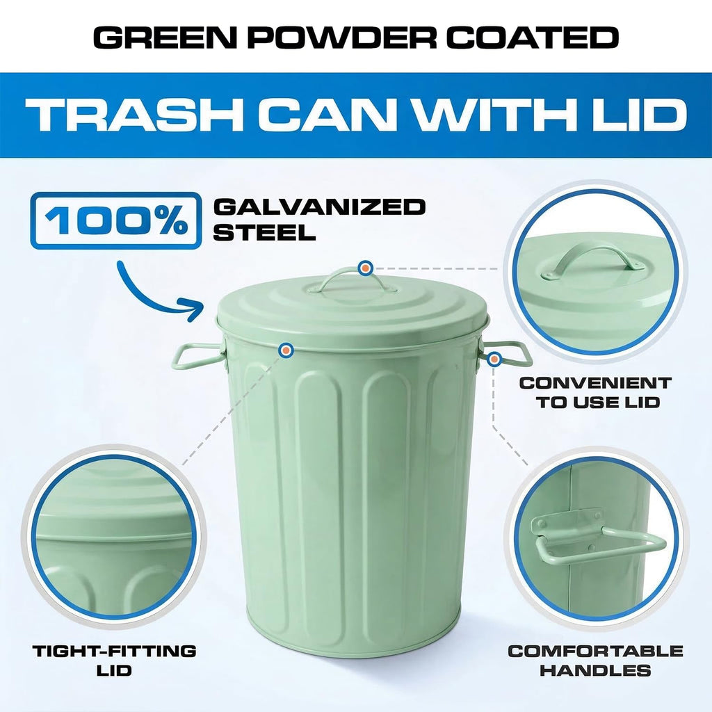 Plexon 5 Gallon Small Metal Trash Can with Lid Outdoor Galvanized Steel Bucket with Lid 5 Gal Storage Can for Dog Food Bird Seed Storage Container Rodent Pet Proof, Green