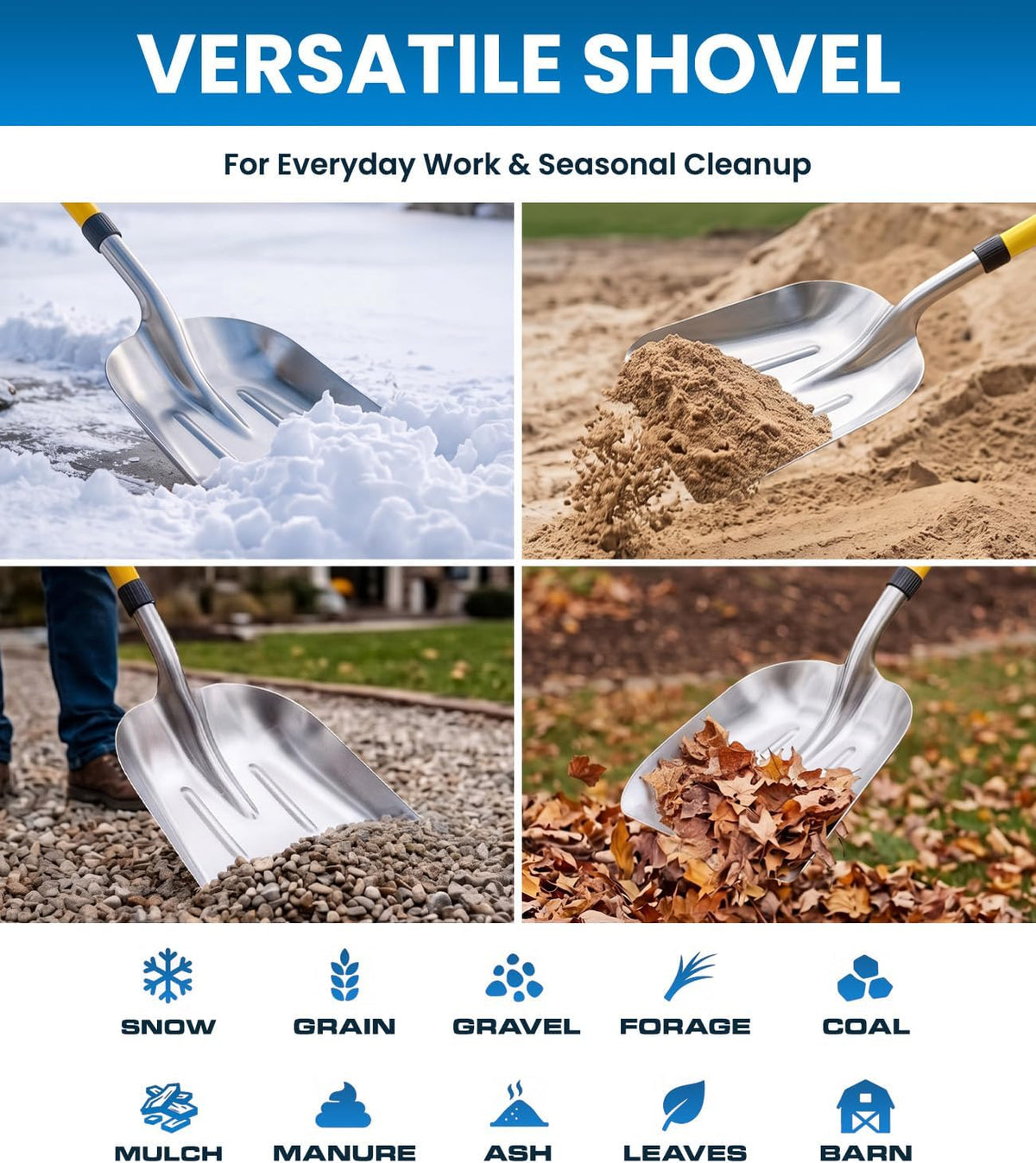 48'' Aluminum Snow Shovel Scoop with Folding Fiberglass Handle & Plastic D-Grip, 15'' Wide Blade