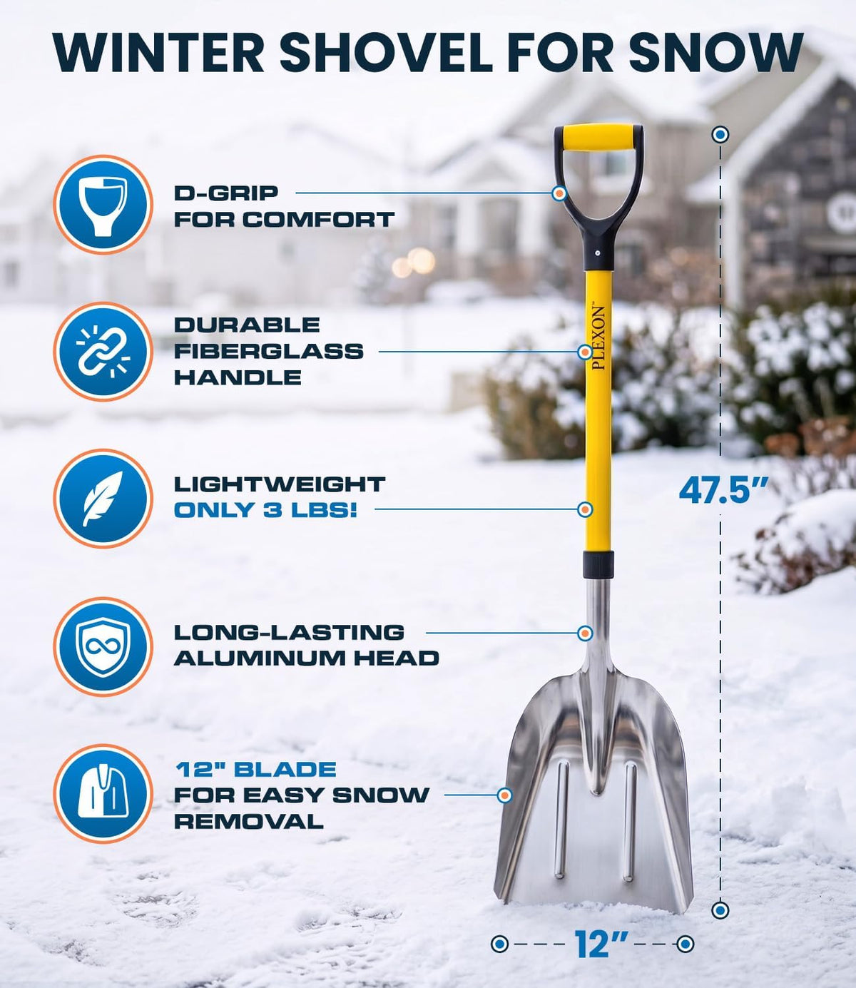 48'' Aluminum Snow Shovel Scoop with Folding Fiberglass Handle & Plastic D-Grip, 12'' Wide Blade
