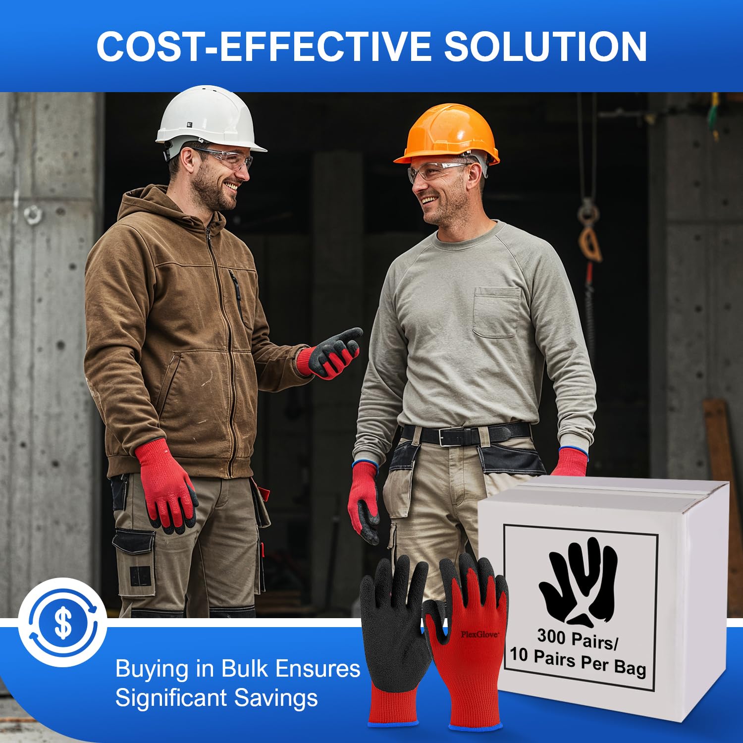 300 Pairs Medium Red Safety Gloves for Men/Women, Non Slip Black Latex Palm Work Gloves, Heavy Duty Cotton Garden Yard Gloves
