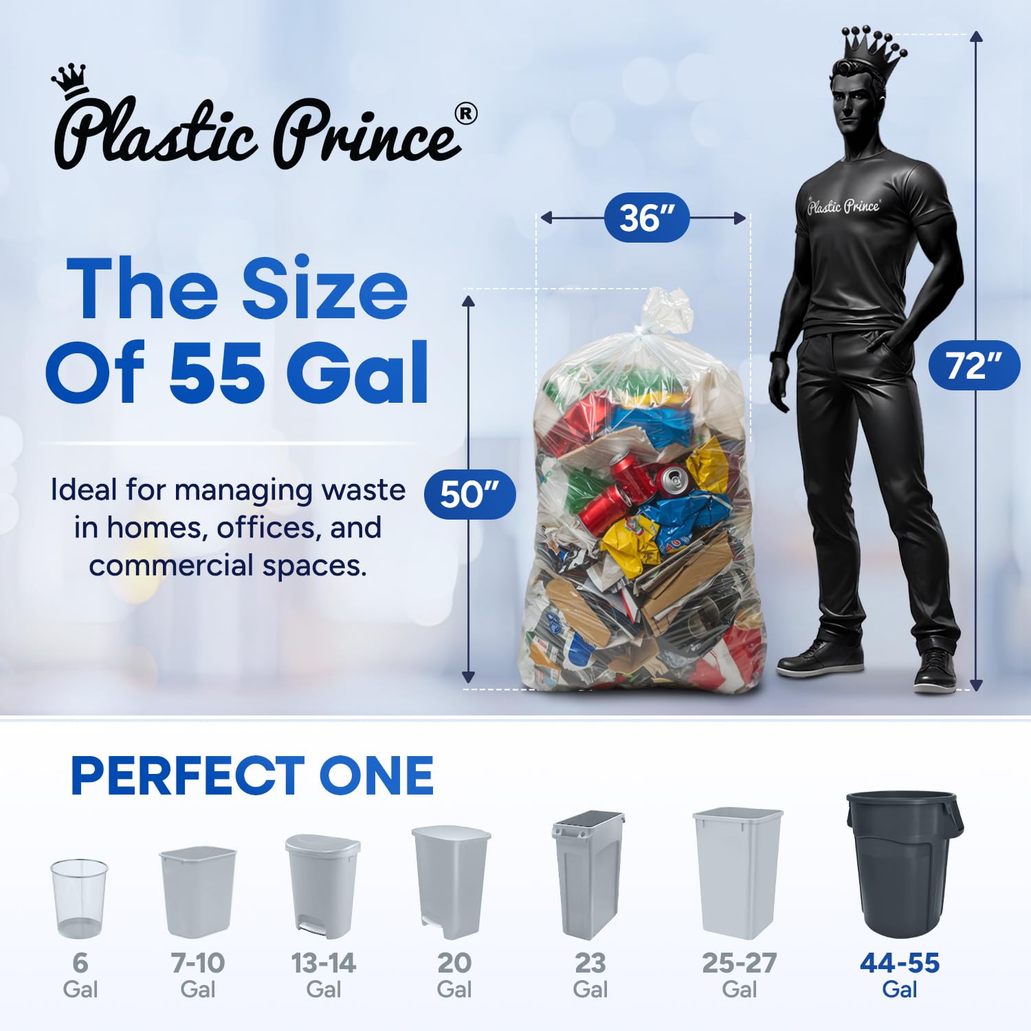 22" x 14" x 50" 55 Gal 2 Mil Clear Trash Bags, 100/Case
