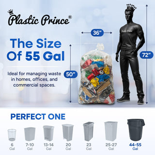 22" x 14" x 50" 55 Gal 2 Mil Clear Trash Bags, 100/Case