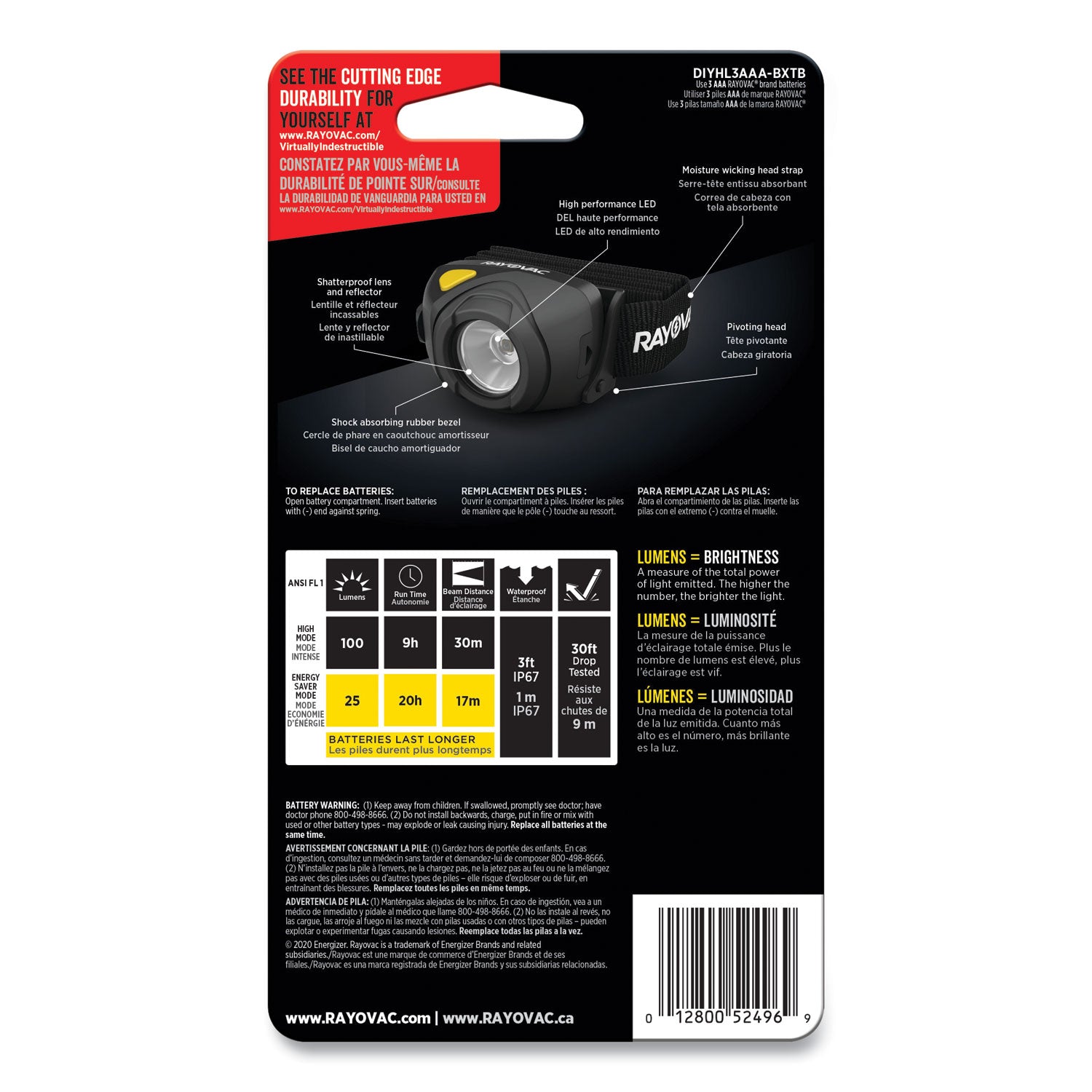 Virtually Indestructible LED Headlight, 3 AAA Batteries (Included), 30 m Projection, Black