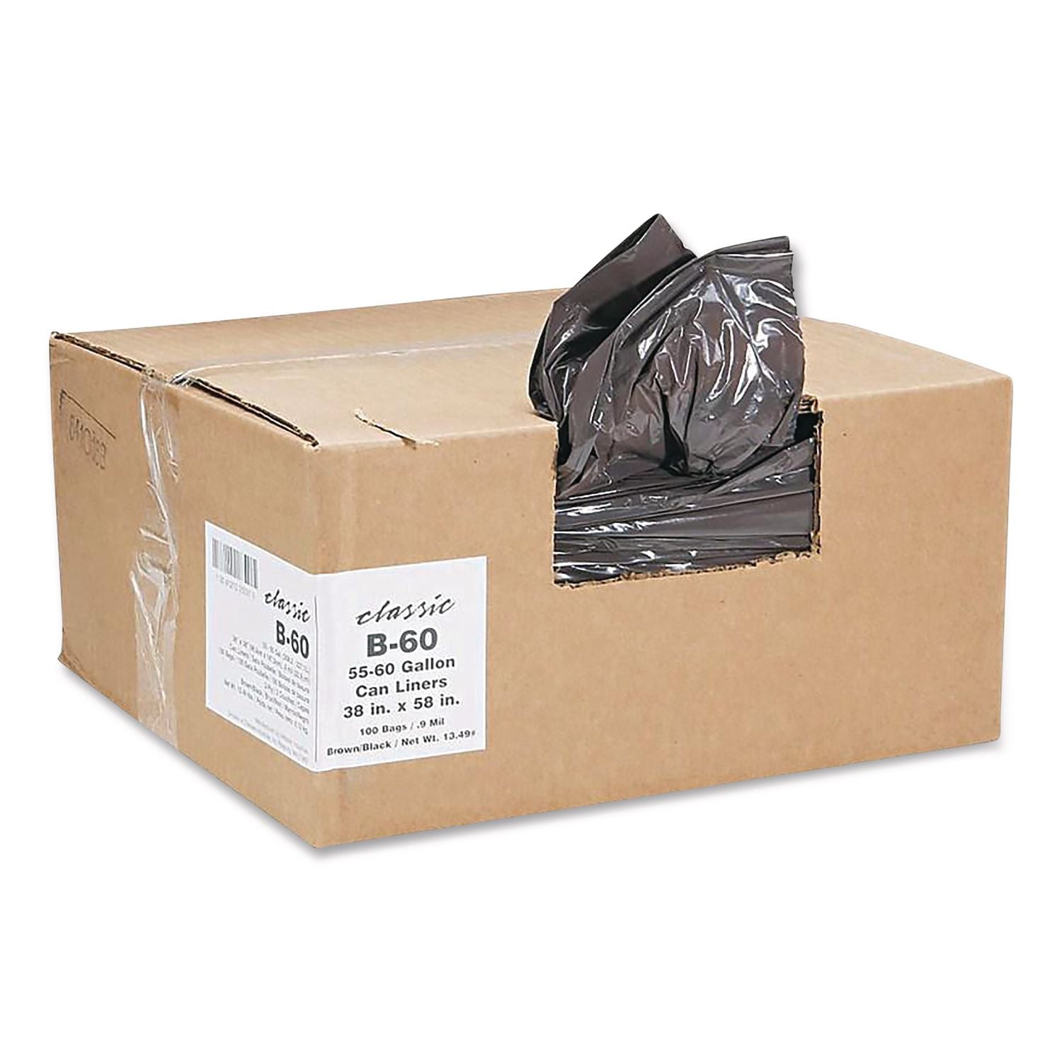 Linear Low-Density Can Liners, 55 to 60 gal, 0.9 mil, 38" x 58", Black, 10 Bags/Roll, 10 Rolls/Carton