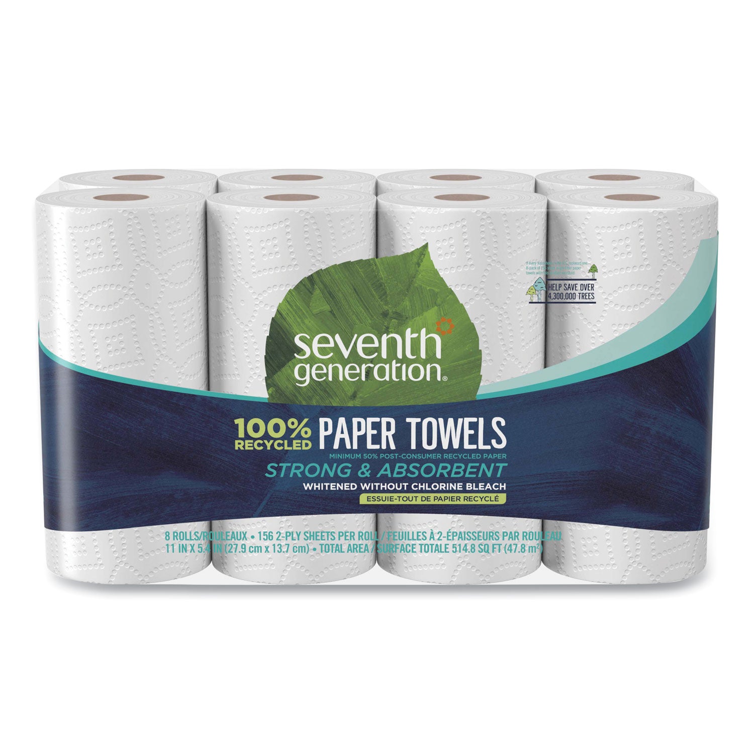 100% Recycled Paper Kitchen Towel Rolls, 2-Ply, 11 x 5.4, 156 Sheets/Roll, 8 Rolls/Pack - 