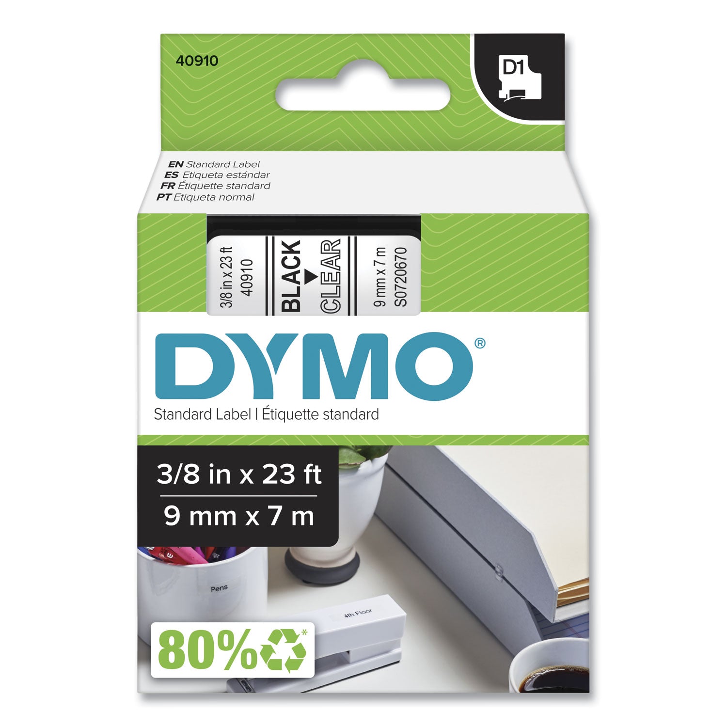 D1 High-Performance Polyester Removable Label Tape, 0.37" x 23 ft, Black on Clear