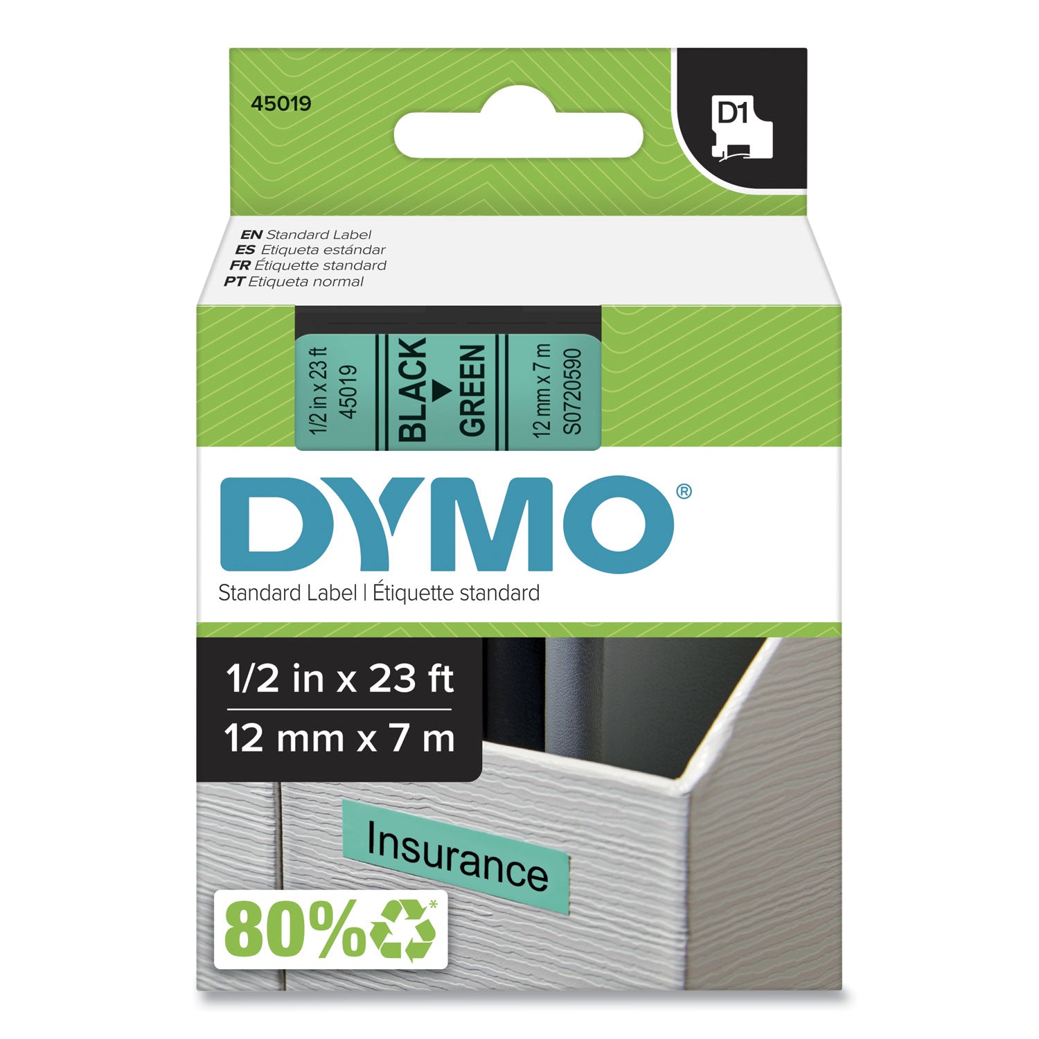 D1 High-Performance Polyester Removable Label Tape, 0.5" x 23 ft, Black on Green - 