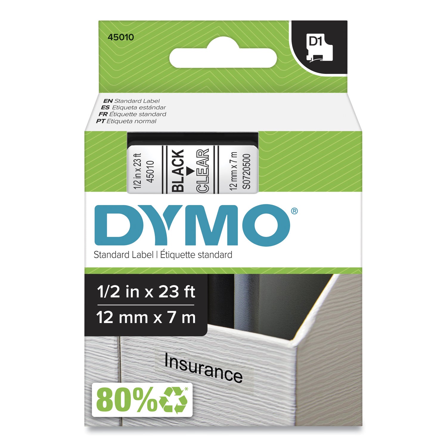 D1 High-Performance Polyester Removable Label Tape, 0.5" x 23 ft, Black on Clear