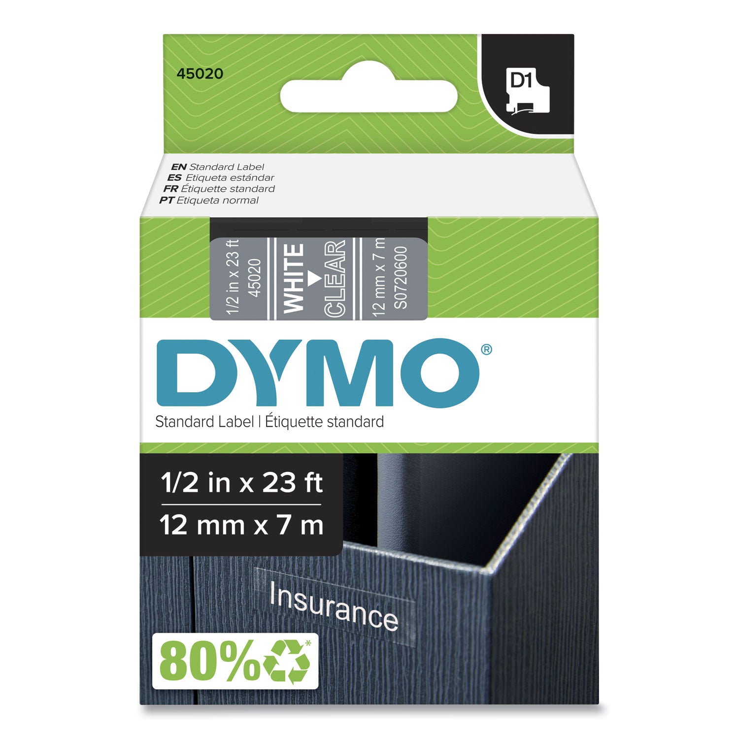 D1 High-Performance Polyester Removable Label Tape, 0.5" x 23 ft, White on Clear