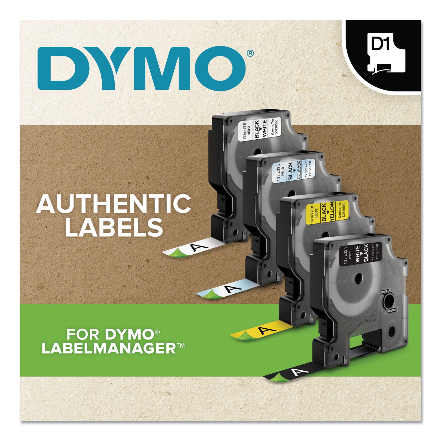 D1 Standard Labels, 0.5" x 23 ft, Black Print on White Tape, 6/Pack