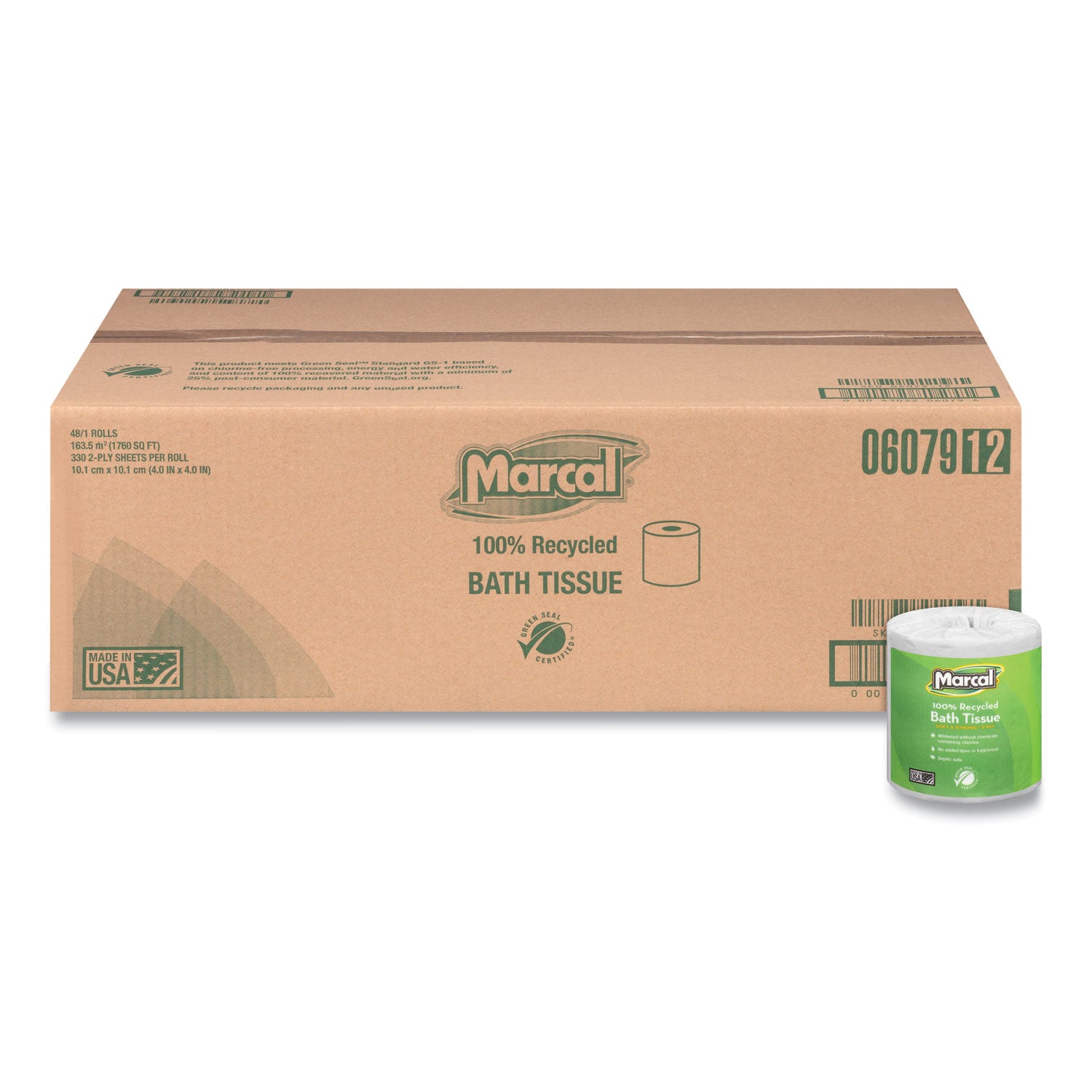 100% Recycled 2-Ply Bath Tissue, Septic Safe, Individually Wrapped Rolls, White, 330 Sheets/Roll, 48 Rolls/Carton - 