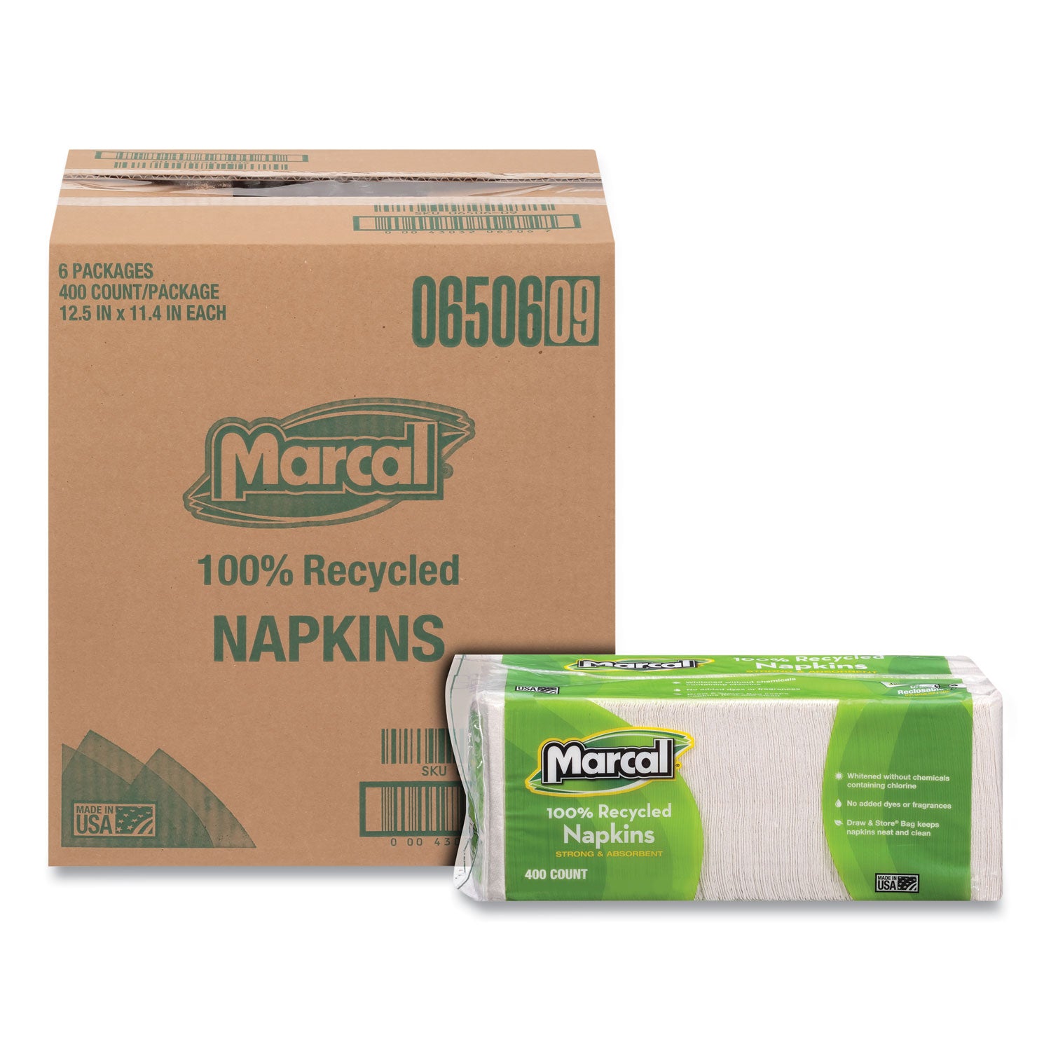 100% Recycled Lunch Napkins, 1-Ply, 11.4 x 12.5, White, 400/Pack - 