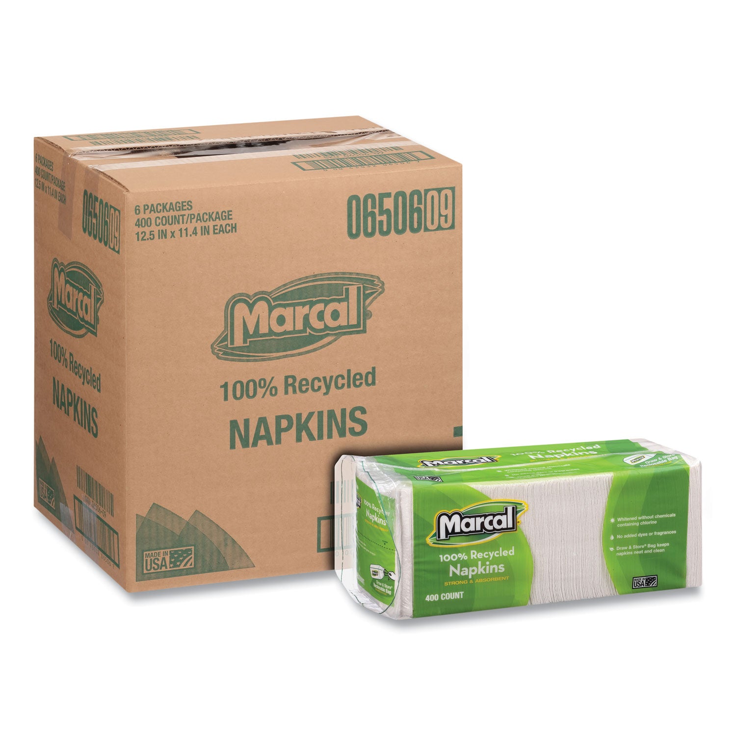 100% Recycled Lunch Napkins, 1-Ply, 11.4 x 12.5, White, 400/Pack - 