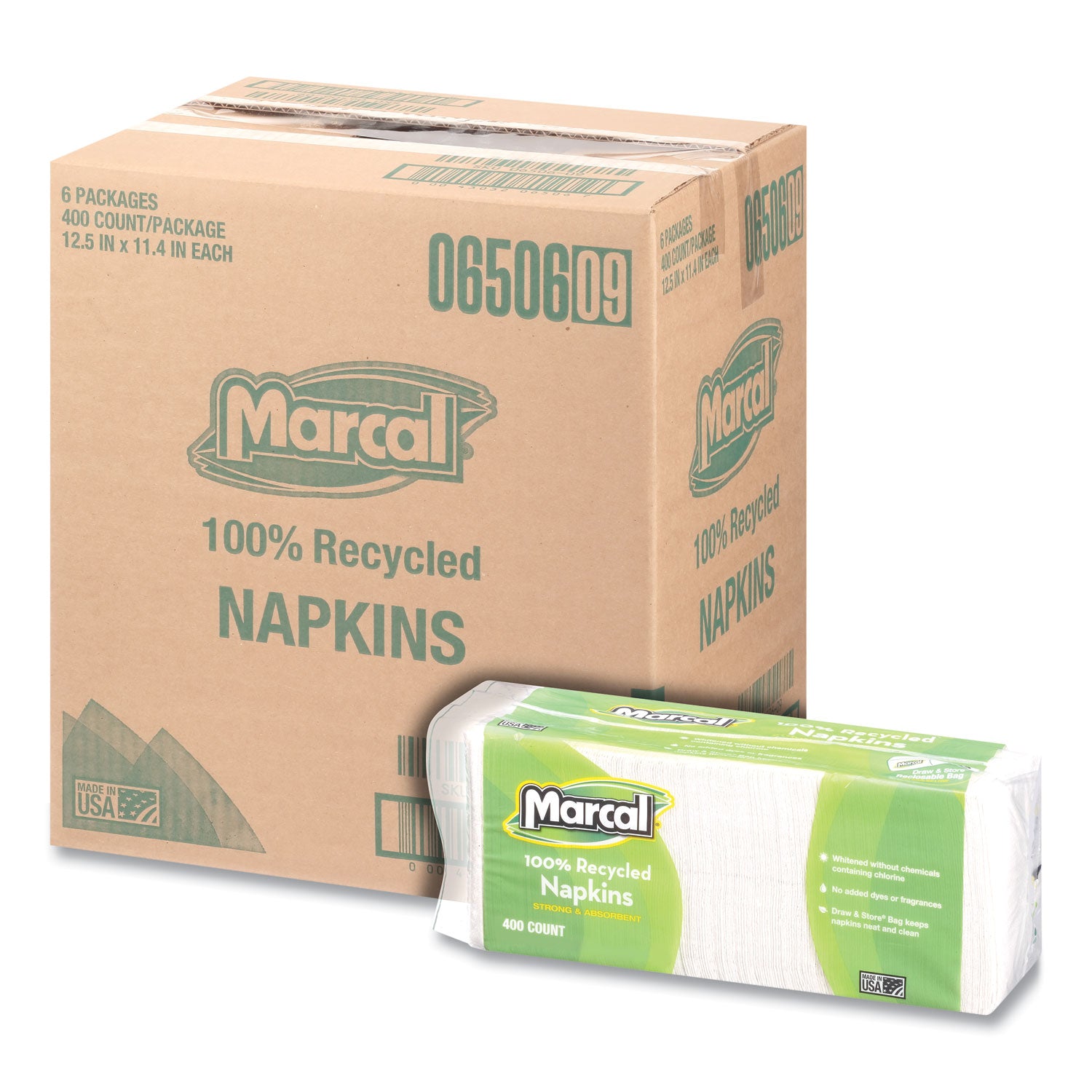 100% Recycled Luncheon Napkins, 11.4 x 12.5, White, 400/Pack, 6PK/CT