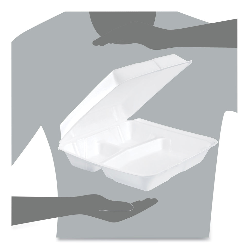 Foam Hinged Lid Containers, 3-Compartment, 9.25 x 9.5 x 3, White, 200/Carton