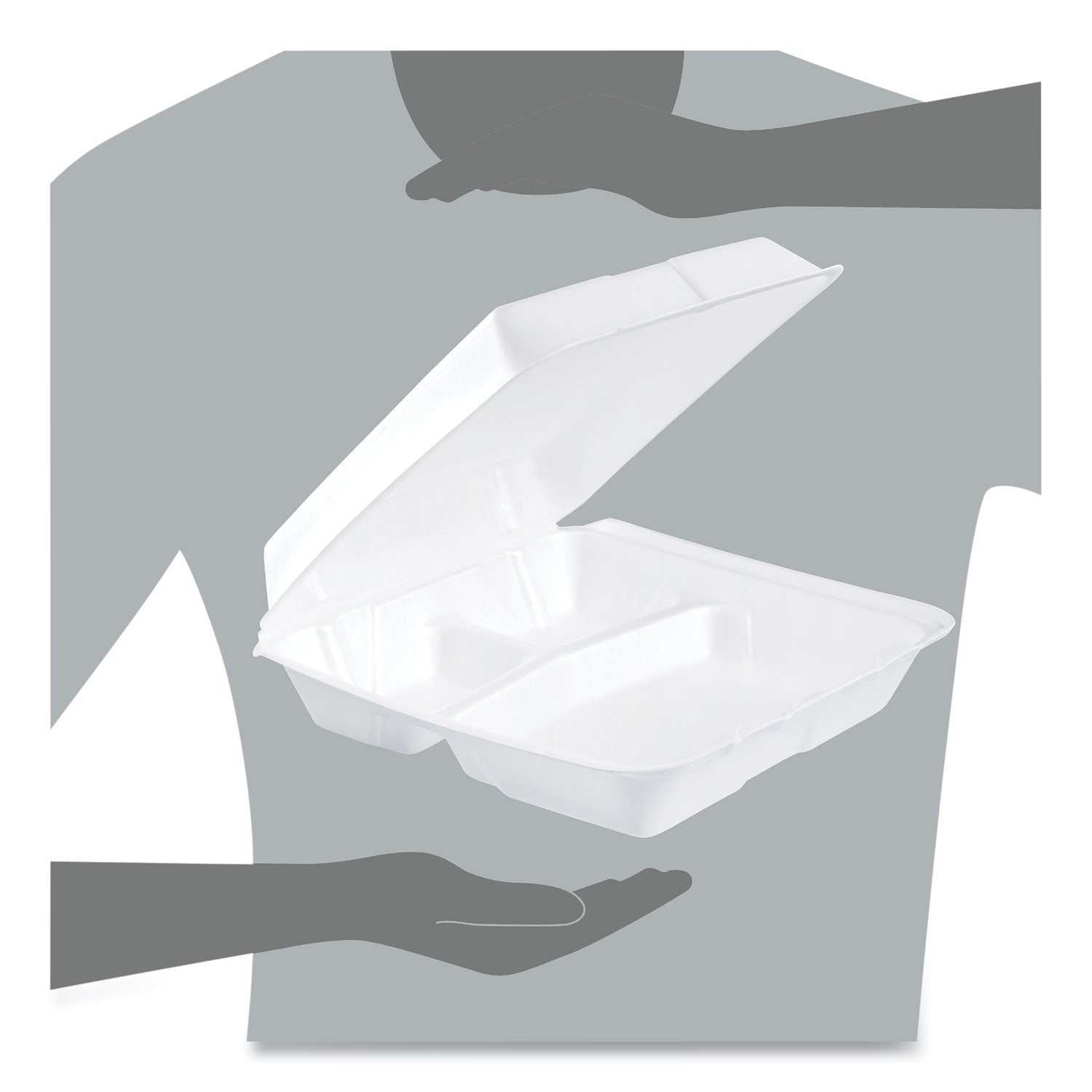 Foam Hinged Lid Containers, 3-Compartment, 9.25 x 9.5 x 3, White, 200/Carton
