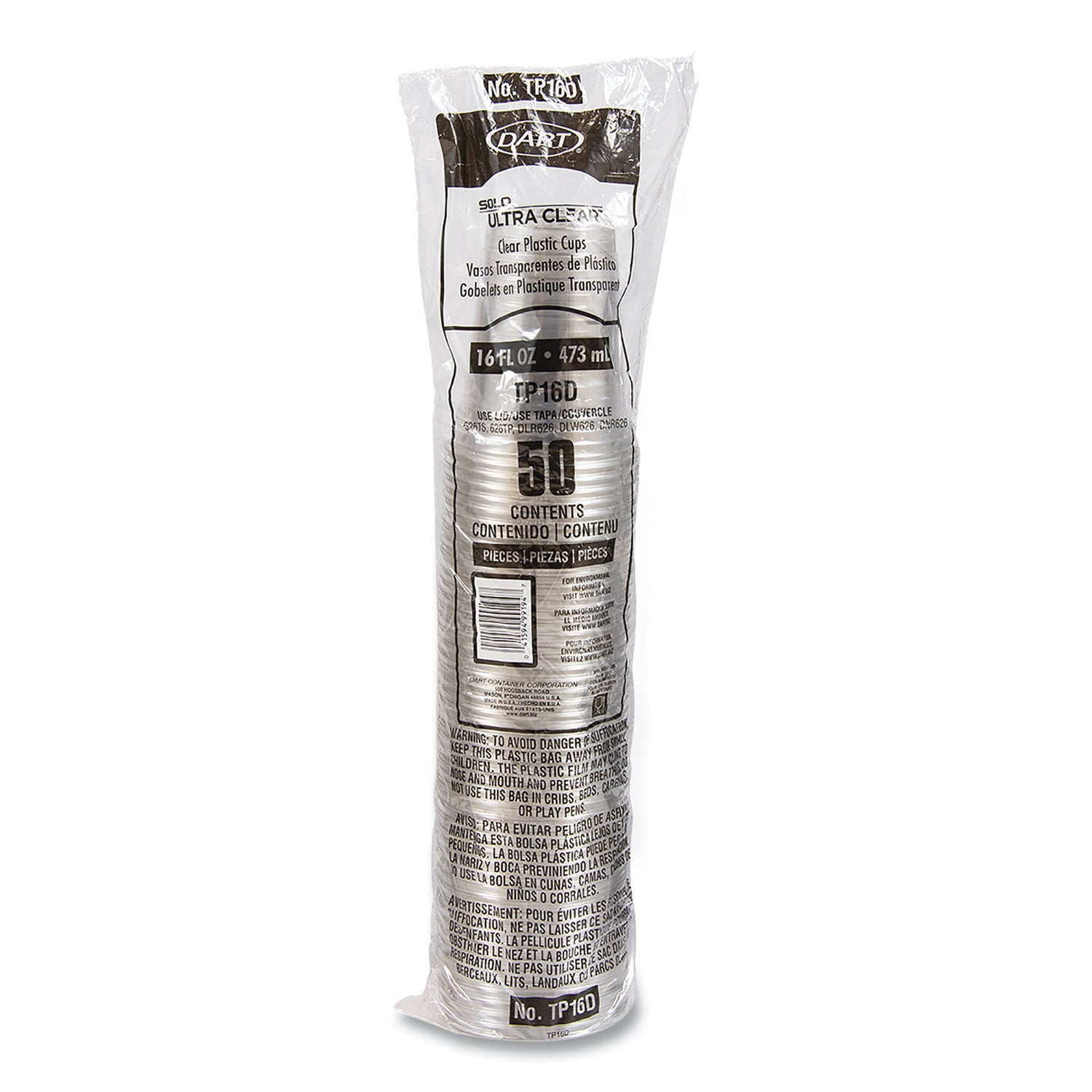 Ultra Clear PET Cups, 16 oz, Squat, 50/Bag, 20 Bags/Carton
