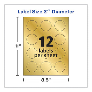 Round Labels, Inkjet Printers, 2" dia, Gold, 12/Sheet, 8 Sheets/Pack